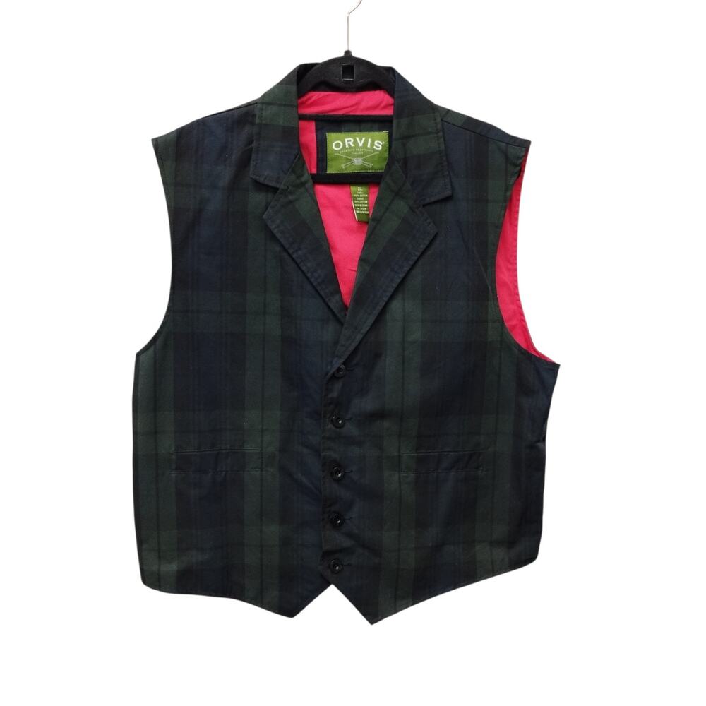 Orvis Mens Preppy Academia Black Watch Tartan Vest XL Waxed Cotton Heritage